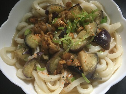 揚げ茄子、なめこ、葱のかけうどん